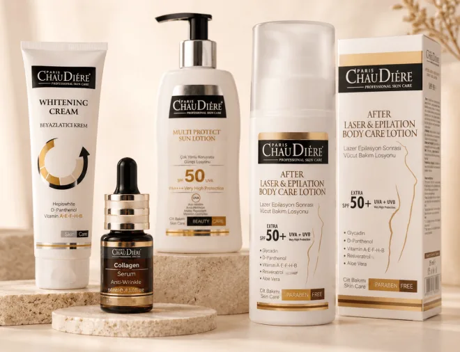 Paris Chau Diére profesyonel cilt bakım ürünleri: beyazlatıcı krem, kolajen serum, SPF 50 güneş losyonu ve lazer epilasyon sonrası vücut bakım losyonu