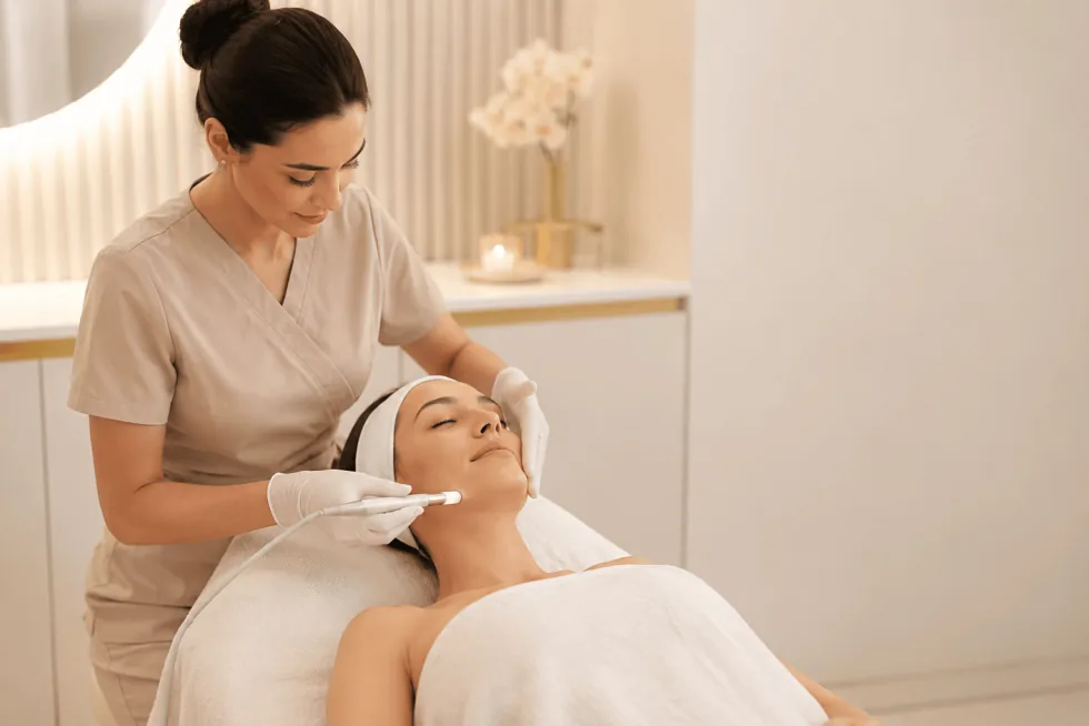 LOUIE BEAUTY uzmanı, danışanına yüz bakımı uygulaması yapıyor